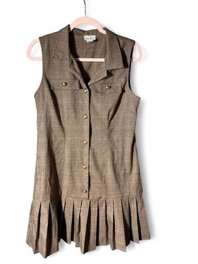Nicole Miller Brown Plaid Sleeveless Button Dress with Pleated Hem
